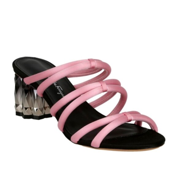 Ferragamo Amalia 55 Satin Strappy Mules With Refracted Fiore Heel In Pink - Picture 1 of 3